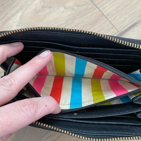 Kate Spade Black Large Continental Zip Around Colorful Striped Interior Wallet - Picture 14 of 16